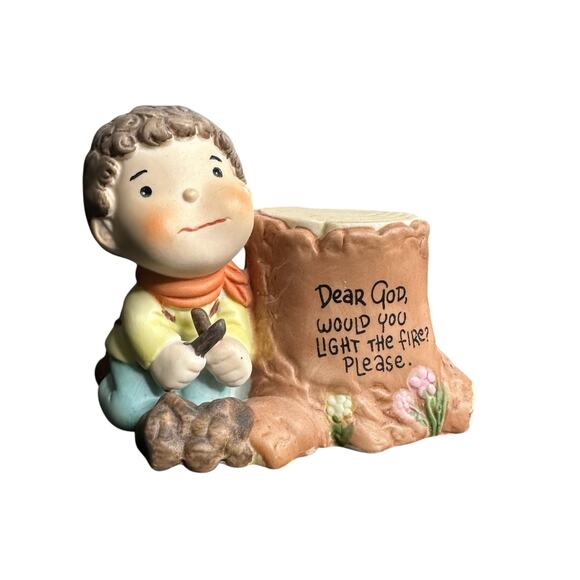 Dear God Kids Boy Lighting Fire Next to Stump Figurine 1982 - Picture 1 of 3